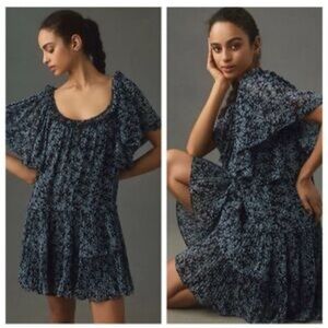 Anthropologie Navy Floral Keyhole Swing Tunic Mini Dress XS EUC